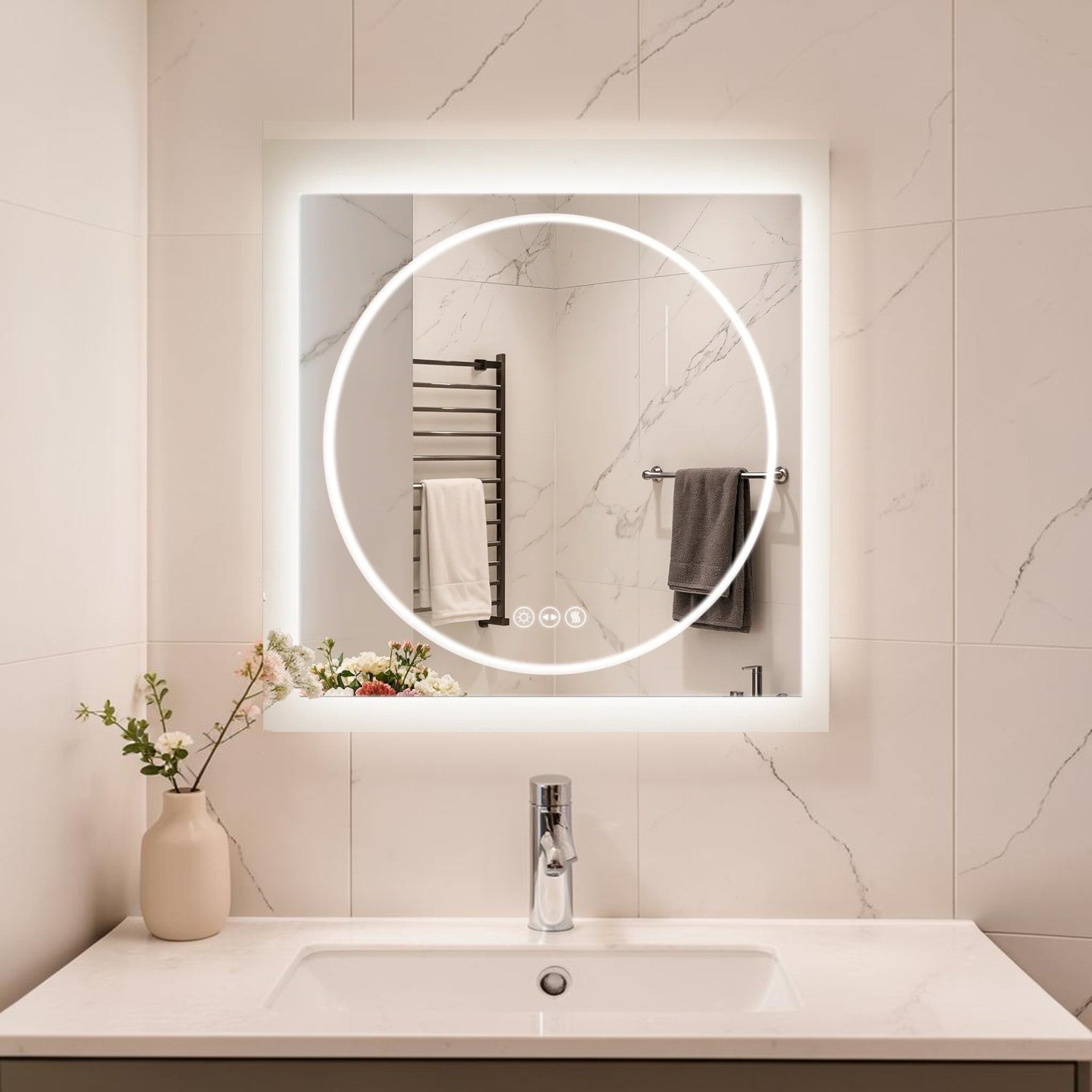 LED Bathroom Mirror with Backlit Panel and Front Ring Light, Anti-Fog and Dimmable Lighting