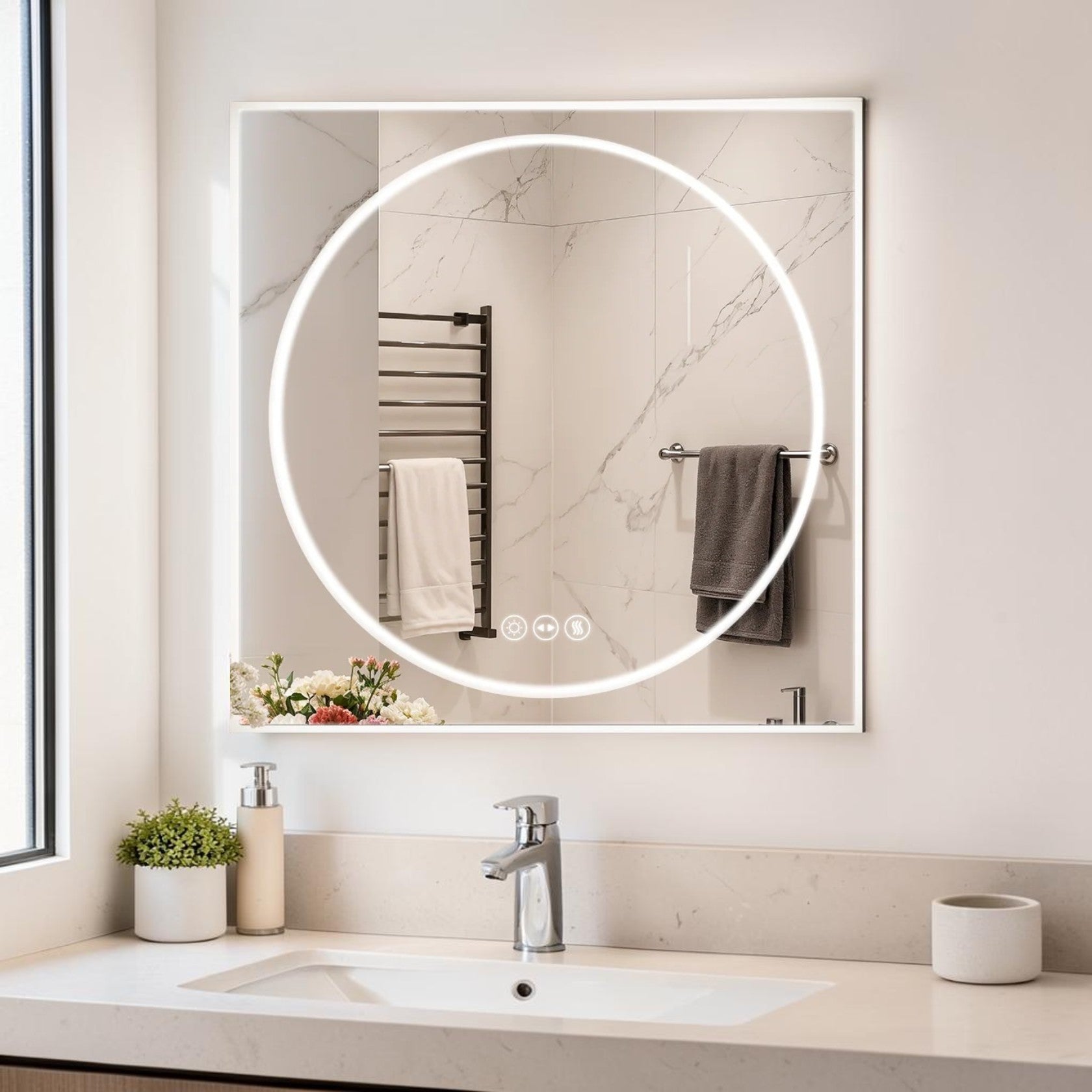 LED Bathroom Mirror with Backlit Panel and Front Ring Light, Anti-Fog and Dimmable Lighting