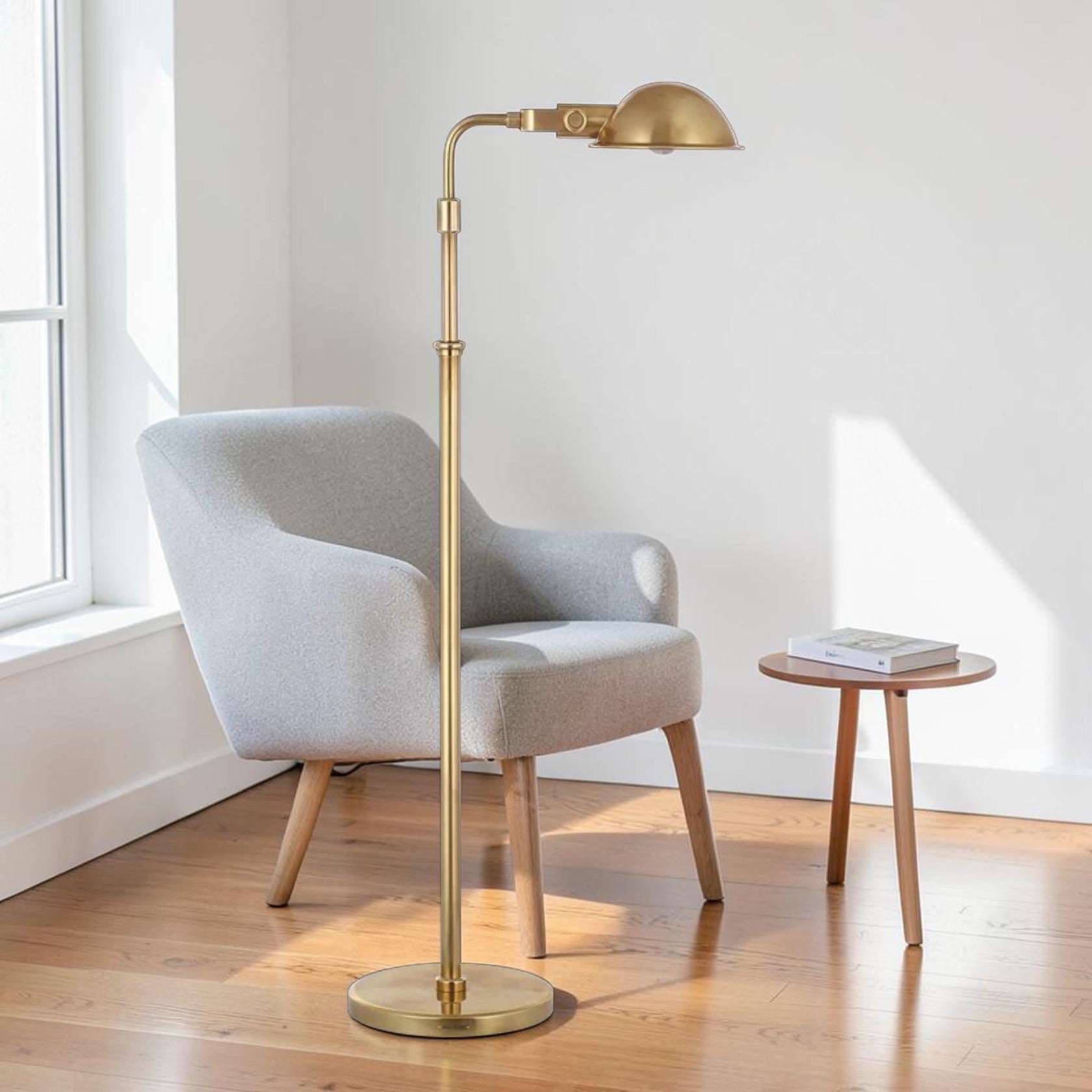 Cordless LED Pharmacy Floor Lamp in Brass Finish with Adjustable Height